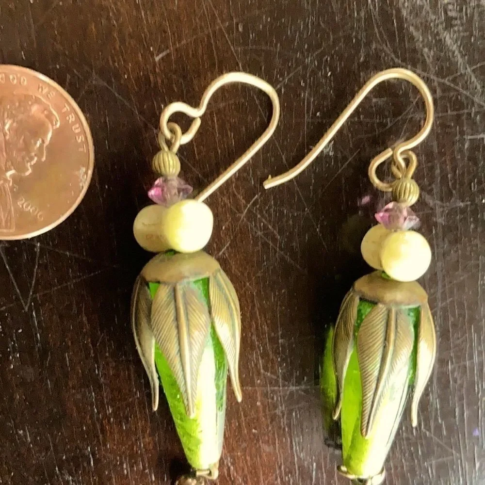 Vintage Glass metal bead bronze pierced green purple bone color earrings